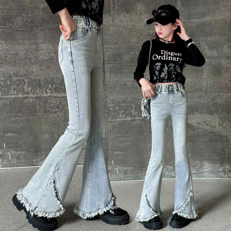 デニムパンツ 女の子 ジュニア スリムフィット フリンジ フレア 美脚 長ズボン 春夏 コットン カジュアル ブルー 普段使い 通学