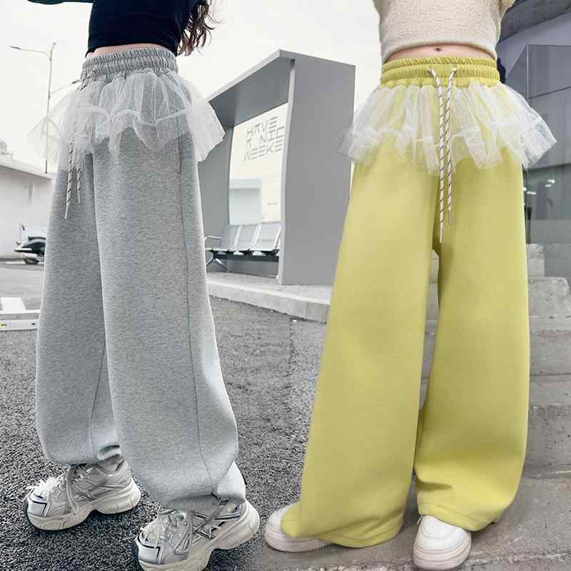 キッズ 女の子 春秋 メッシュ ニット スウェット ジョガーパンツ コットン 柔らか ウエストゴム スポーツ カジュアル 普段使い おしゃれ かわいい 裾絞り ロング丈