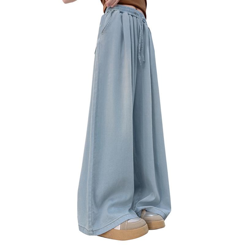 パンツ キッズ 女の子 夏 韓国風 オルチャン 学生 デニム ワイドパンツ 薄手 テンセル リヨセル 柔らかい カジュアル ストリート ハイウエスト ウエストゴム 着回し ロング丈 ボトムス 普段使い お出かけ ブルー ブラック