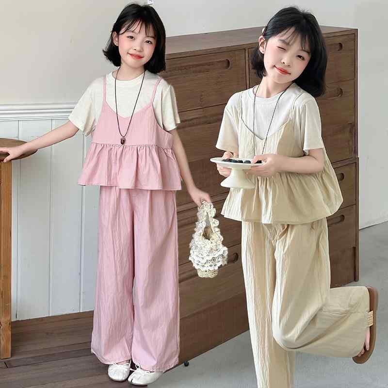 キッズ 女の子 ジュニア 春夏物 韓国ファッション おしゃれ カジュアル ポリエステル キャミソール 薄手 ワイドパンツ 3点セット