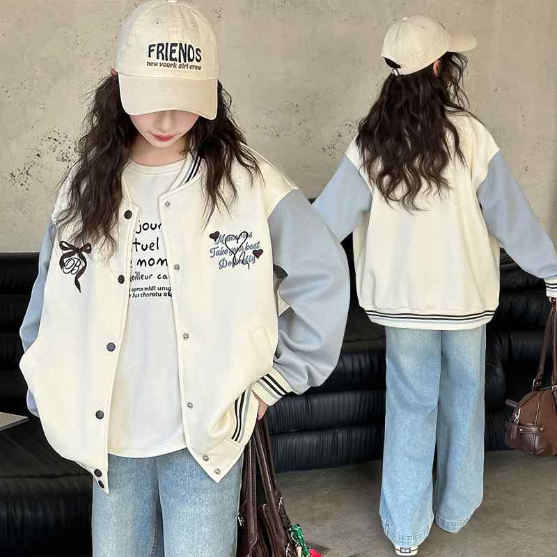 スタジャン キッズ 女の子 ジュニア 春秋 配色切り替え 刺繍 ベースボールジャケット 韓国風 おしゃれ ..