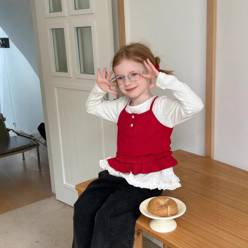 キッズ 女の子 フリルTシャツ ニットベスト 2点セット 子供服 小学生 レイヤードスタイル 無地 綿素材 薄手 柔らか肌触り 普段使い 通園通学 春夏秋 オフホワイト レッド