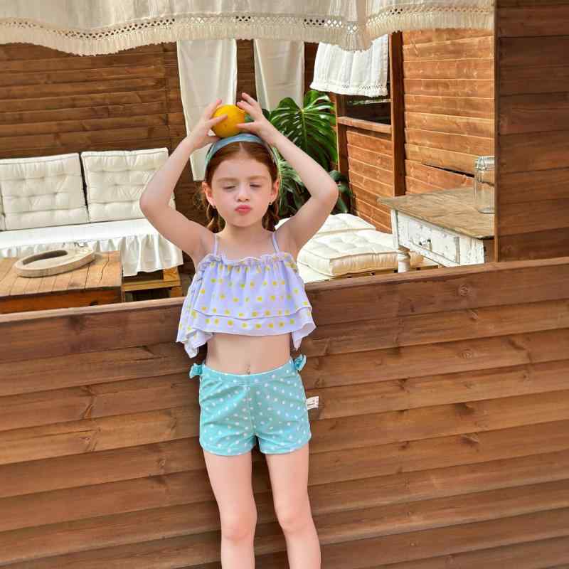 水着 女の子 キッズ セパレート ドット柄 キャミソール 軽量 ポリエステル 速乾 かわいい レイクブルー プール 海水浴 夏 水遊び レジャー