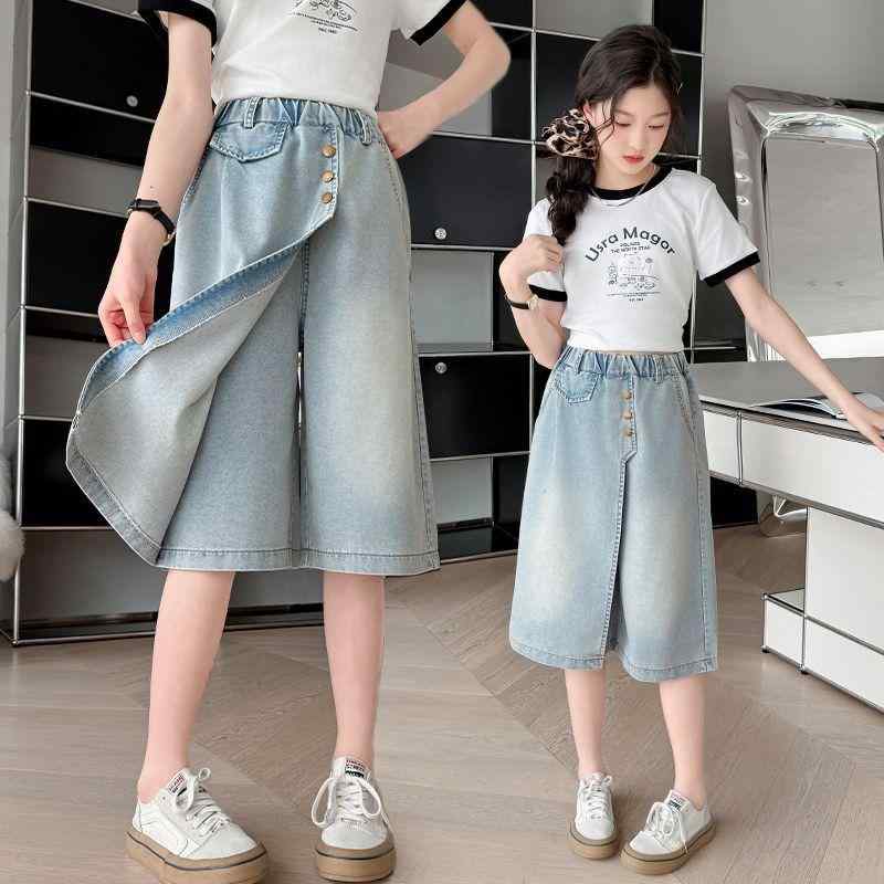 キッズ 女の子 デニム キュロット スカッツ 薄手 七分丈 コットン ミドルウエスト ゴムウエスト 普段使い カジュアル おしゃれ トレンド 小中学生 春夏