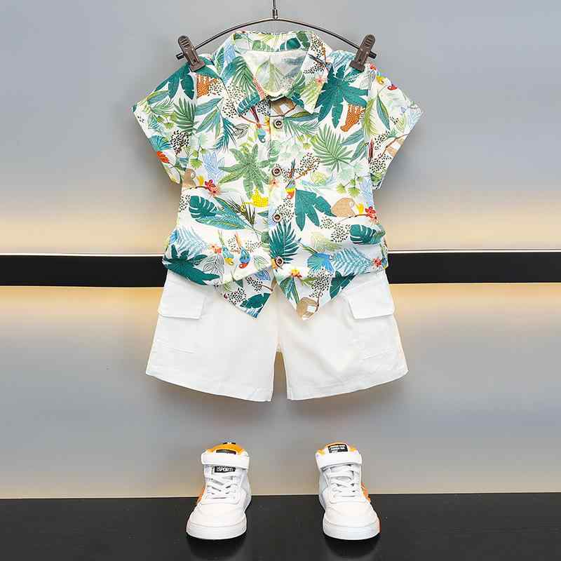 キッズ 男の子 半袖シャツ ショートパンツ 2点セット 花柄 綿 コットン 薄手 柔らか素材 ビーチ リゾート 海水浴 旅行 普段使い カジュアル 夏 ライトグリーン ネイビー