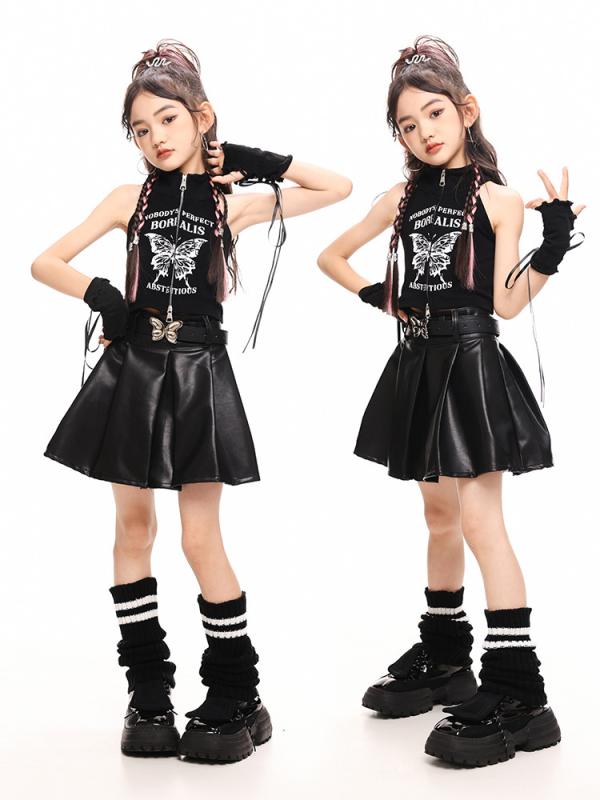 ダンス衣装 キッズ 女の子 ジャズ ストリートダンス ヒップホップ 韓国風 ショート丈トップス へそ出し レザースカート 発表会 ステージ パフォーマンスウェア イベント