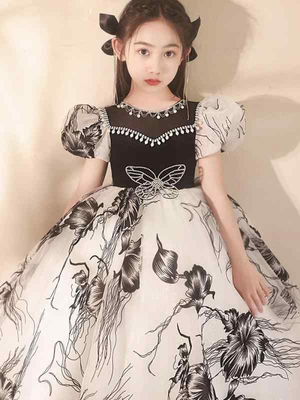 ドレス 女の子 子供 ピアノ発表会 演奏会 コンクール 結婚式 フォーマル ロング丈 水墨画 チャイナ風 ..