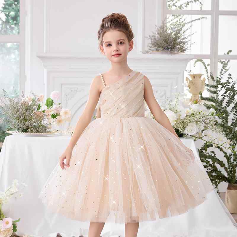 ドレス キッズ 女の子 誕生日 発表会 結婚式 フラワーガール 演奏会 ワンショルダー プリンセス リボン チュール ポリエステル コットン カーキ ラベンダー ピンク