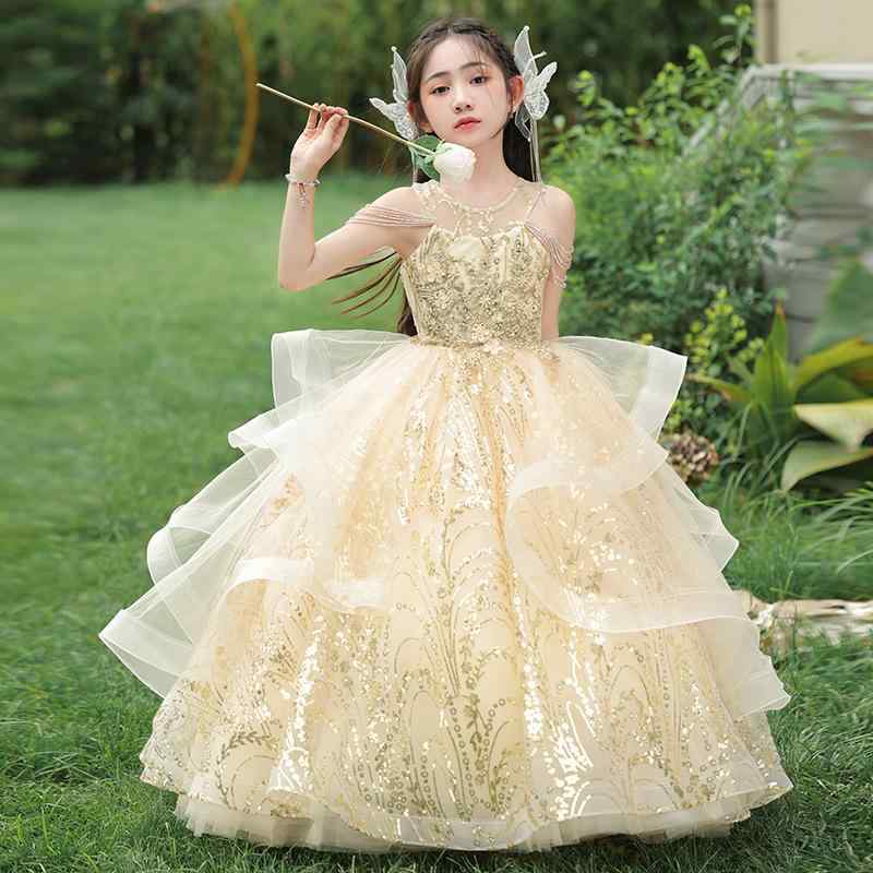ドレス 女の子 ピアノ発表会 演奏会 結婚式 フラワーガール 誕生日パーティー 司会 10歳 プリンセスライン ロング丈 上品 華やか 高級感 シャンパンゴールド ポリエステル