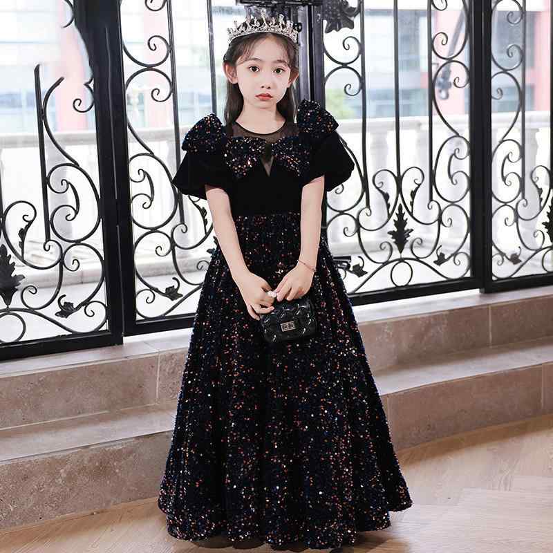 ドレス キッズ 女の子 プリンセスドレス フォーマル 誕生日 発表会 演奏会 パーティー 軽やか 高級感 個性的 エレガント 結婚式 セレモニー ポリエステル ブラック ロング丈