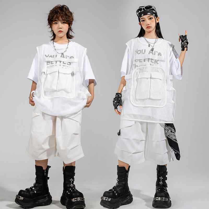 ダンス衣装 キッズ 男の子 ジュニア ヒップホップ ストリートダンス 発表会 イベント ステージ衣装 綿混 プリント ベスト 2点セット 練習着 快適 吸湿性 アメカジ 春夏