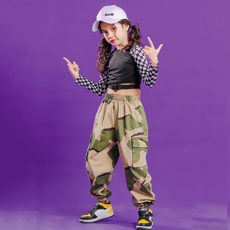 キッズ ダンス衣装 女の子 ジャズ ストリート ヒップホップ 発表会 ステージ衣装 舞台 パフォーマンス モデル撮影 チェック柄 おしゃれ 綿混