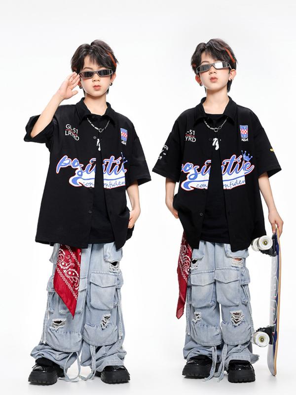 ダンス衣装 キッズ 男女兼用 半袖 ベースボールシャツ 上下セット ヒップホップ ストリートダンス 発表会 イベント 練習着 ステージ衣装 ポリエステル 速乾性 夏 クール