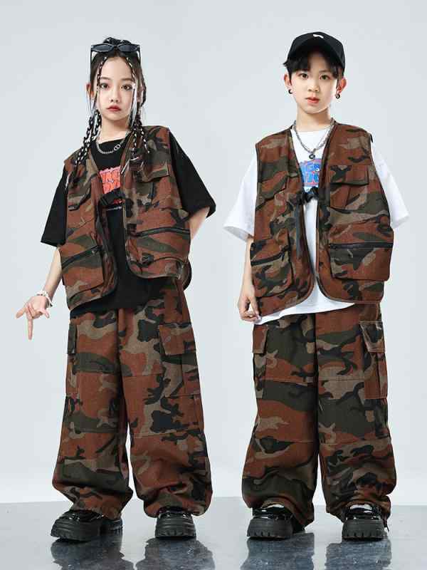 キッズダンス 衣装 男の子 女の子 ヒップホップ ストリート 迷彩柄 ベスト チョッキ 綿素材 かっこいい パフォーマンス 発表会 ドラム イベント ウェア 目立つ ストリート映え