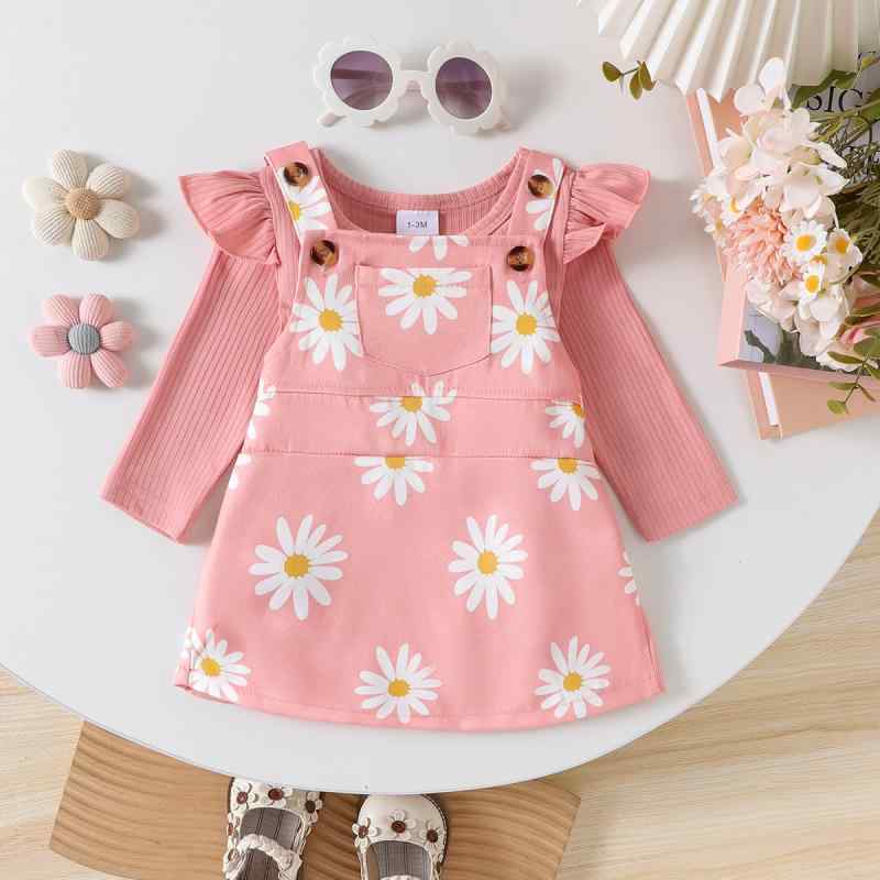 ベビー服 女の子 ピンク 春秋 かわいい 花柄プリント サロペットスカート 長袖ロンパース 上下セット 綿 コットン ソフトタッチ 普段着 お出かけ