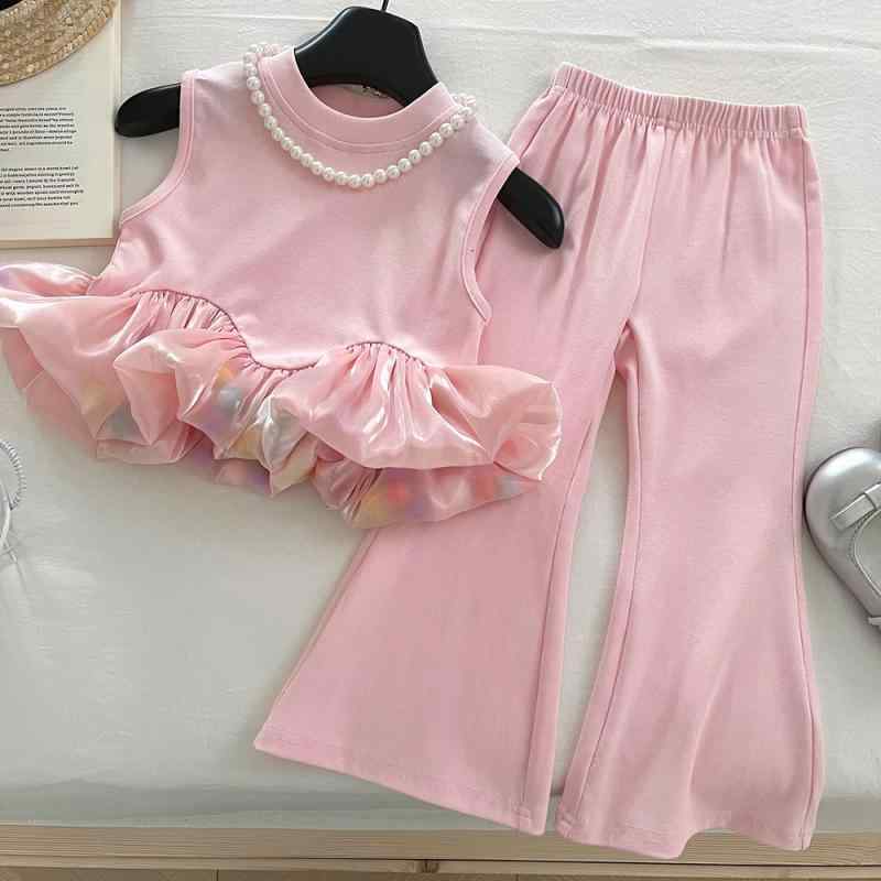 キッズ 女の子 ノースリーブ 切り替え トップス 綿混 ストレッチ フレアパンツ 2点セット 夏 薄手 柔らかな肌触り 韓流 トレンド ピンク お出かけ 普段着