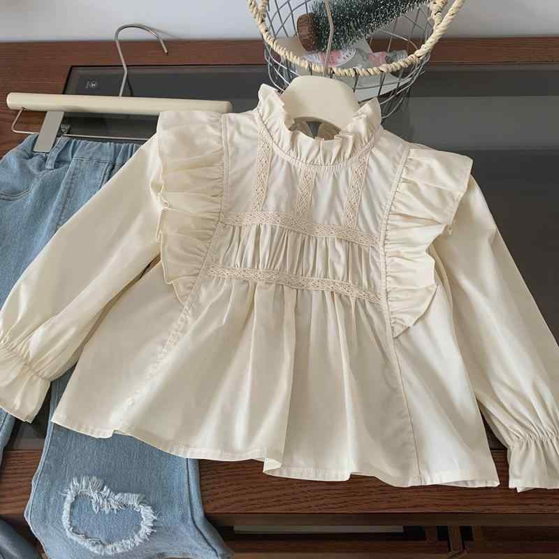 ブラウス 女の子 キッズ 韓国風 スタンドカラー フリル パフスリーブ プルオーバー チュニック 綿 コットン 長袖 柔らかい カジュアル 無地 普段使い 春夏 杏色 アプリコット