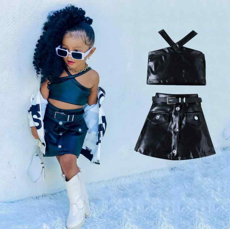 スカートセット キッズ 女の子 春夏 キャミソール タンクトップ 無地 ノースリーブ PUレザースカート フェイクレザー ラインストーン ビジュー ベルト 欧米風 ツーピース 黒 ブラック 普段使い お出かけ