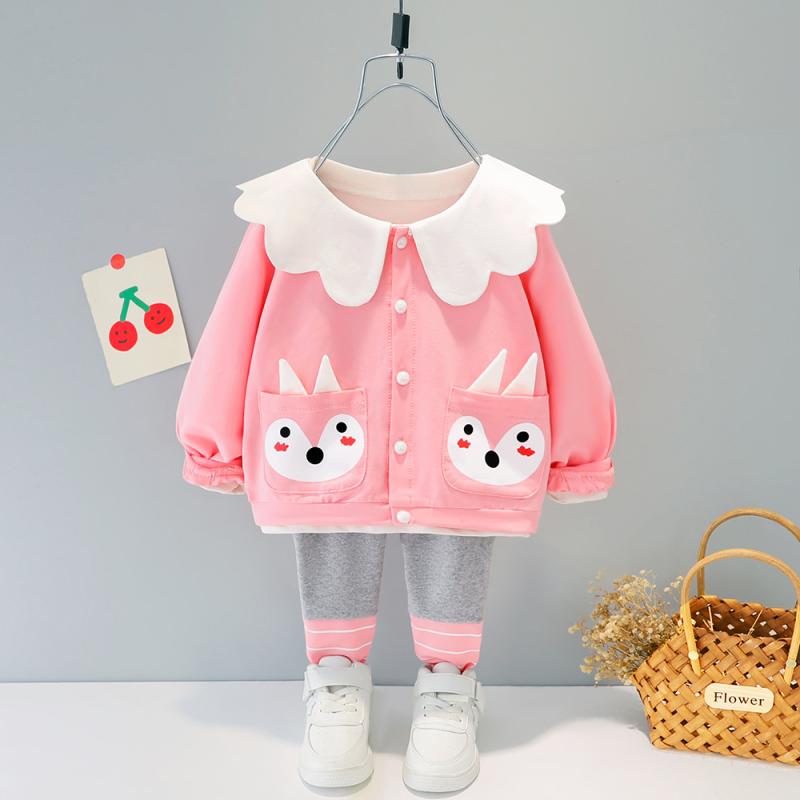 Other - ベビー服 女の子 春秋 カーディガン パンツ 2点セット きつね柄 カートゥーン 長袖 長ズボン 綿 コットン 韓国風 かわいい カジュアル 普段使い お出かけ 通園 イエロー レッド ピンク