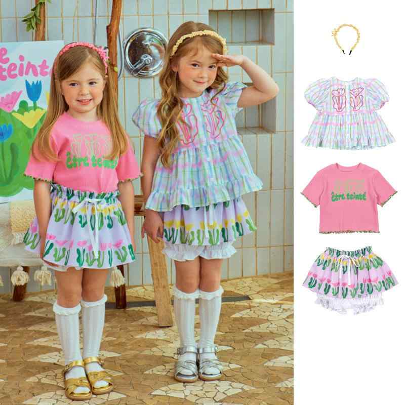 キッズ 女の子 ガールズ 夏 韓国風 かわいい ガーリー Tシャツ トップス 半袖 パフスリーブ ブラウス ショートパンツ 短パン キュロットスカート お出かけ 普段使い 2点セット 綿混 柔らか トレンド