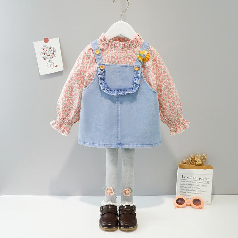 キッズ 女の子 ベビー 春秋 長袖 3点セット 花柄ブラウス デニムスカート 綿 コットン かわいい おしゃれ 韓国風 普段使い お出かけ 上下セット イエロー パープル ピンク