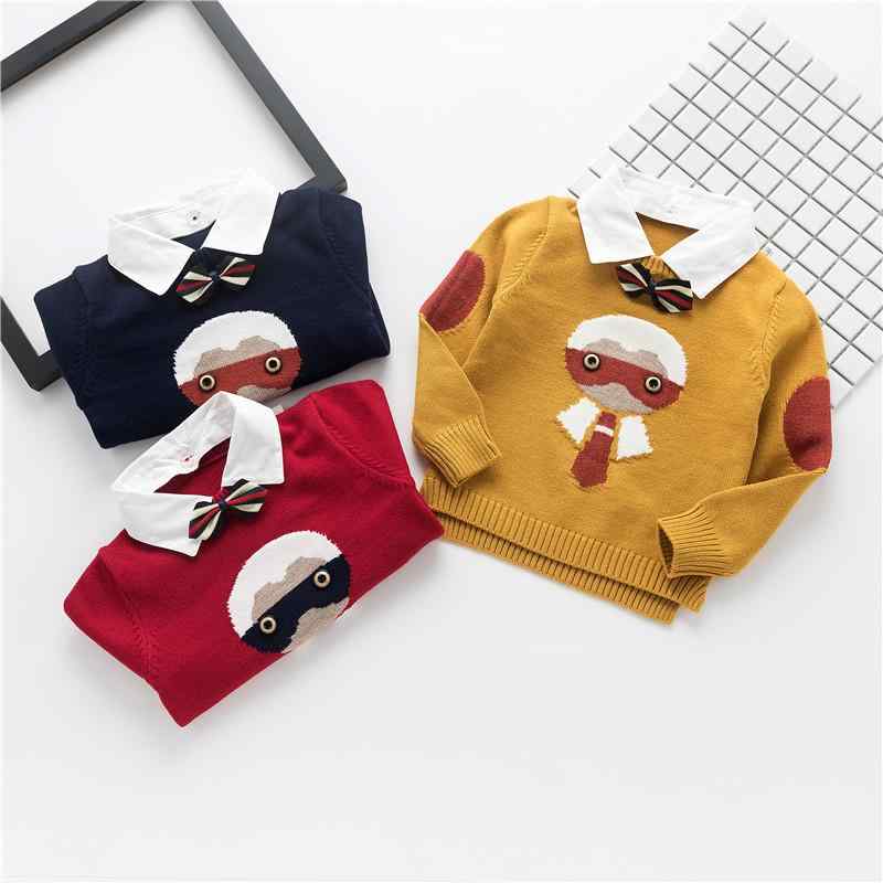 ニット 子供 男の子 秋冬 付け襟付き シャツ襟 キャラクター プルオーバー セーター 再生繊維 柔らかな肌触り かわいい 韓国風 トップス 普段使い 通園着 ネイビー イエロー ワインレッド