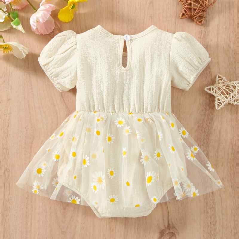 ロンパース 女の子 ベビー服 デイジー柄 チュールスカート プリンセス パフスリーブ カバーオール 綿 コットン 薄手 かわいい 春夏 お出かけ ホワイト 白