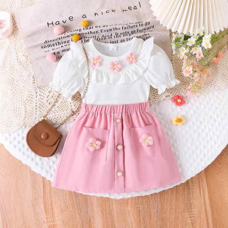 キッズ 女の子 春夏 スカートセット 花柄 半袖トップス ランタンスリーブ フリル ショートスカート 2点セット 欧米風 綿 コットン ピンク カジュアル 普段使い
