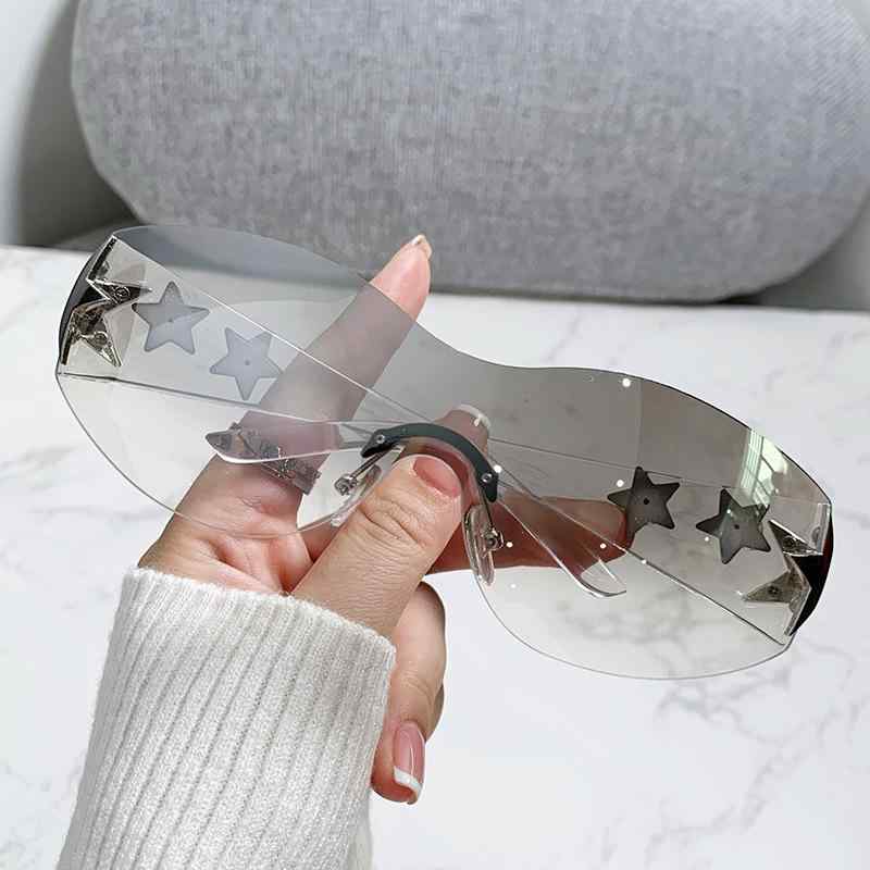 サングラス レディース スクエア型 フレームレス リムレス Y2Kファッション ギャル スパイシーガール スターモチーフ 欧米風 ライトラグジュアリー UV400 紫外線対策 PC素材 ドライブ 旅行 アウトドア スポーツ イベント フェス 春夏