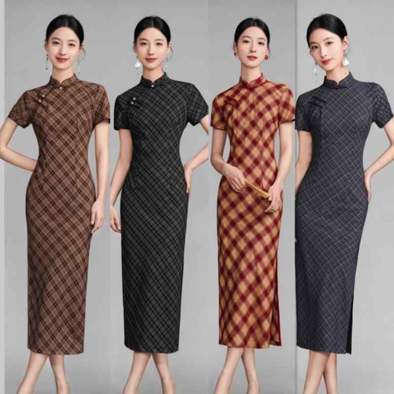 チャイナドレス レディース ロング丈 チェック柄 レトロ クラシカル 中華風 エレガント ガーリー スタンドカラー 斜め襟 半袖 スリット 普段使い デイリー 春夏 レッド ポリエステル ワンピース