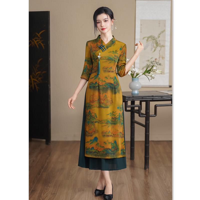 チャイナドレス ミセス 女性用 上海レトロ 民族風 モダンアレンジ アオザイ風 ロング丈 五分袖 スタンドカラー 斜め襟 ハイウエストスリット ポリエステル ストレッチ 秋冬 パーティー イベント 発表会 お呼ばれ