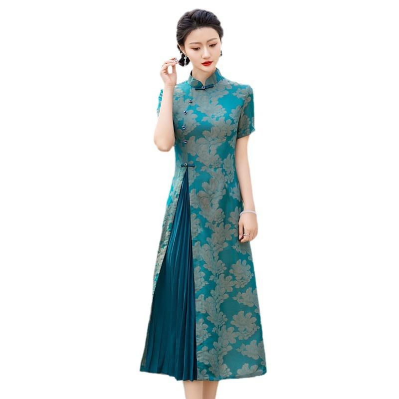 ワンピース レディース ミセス ママ 中国風 改良チャイナドレス アオザイ 大きいサイズ ゆったり 体型カバー 普段使い お呼ばれ レトロ エレガント 上品 高級感 伸縮性 スタンドカラー 半袖 ミモレ丈 春夏
