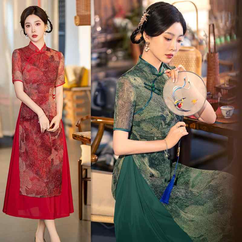 ワンピース レディース ママ ミセス アオザイ チャイナドレス 改良型 高級感 春夏 レトロ クラシカル ジョーゼット素材 ロング丈 スタンドカラー 五分袖 スリット フォーマル エレガント