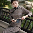 チャイナドレス レディース 女性用 秋冬 レトロ ヴィンテージ 長袖 ツイード調 チェック柄 ロング丈 上海風 普段使い ママ服 ミセス ポリエステル スタンドカラー 九分袖 スリット 伸縮性