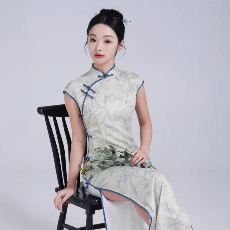 チャイナドレス レディース 改良版 レトロ 中華風 ウエストマーク ロング丈 シフォン ポリエステル 微弾性 スタンドカラー 七分袖 エレガント 上品 デイリー 高級感 ワンピース 春夏 ドレス