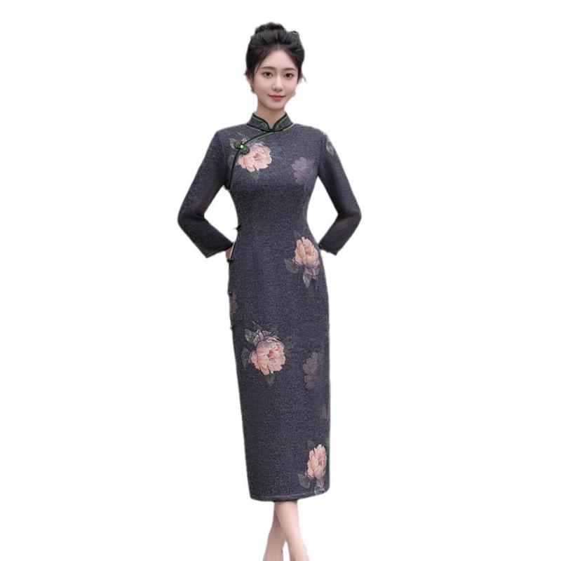 チャイナドレス レディース オリエンタルモダン ニットワンピース スリムフィット 立ち襟 斜め襟 七分袖 スリット入り ロング丈 エレガント 上品 高級感 微ストレッチ 伸縮性 秋冬 レトロ(4)