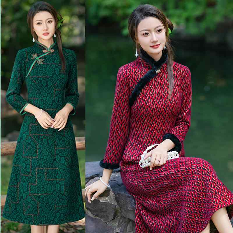 チャイナドレス レディース ミンク調 改良レトロ モダンチャイニーズ エレガント 高級感 Aライン ミディ丈 七分袖 秋冬 ワンピース ド..