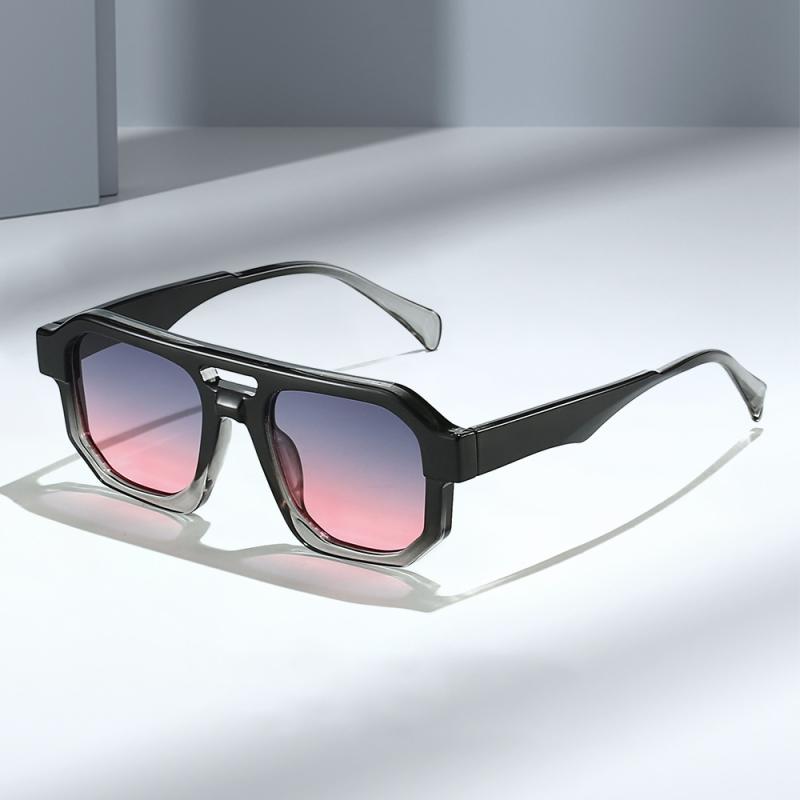 サングラス ダブルブリッジ 変形 多角形 不規則 個性派 パンク ロック スタイル 高級感 欧米風 トレンド ファッション 伊達メガネ UVカット ドライブ お出かけ デイリーユース ACレンズ PCフレーム 春夏