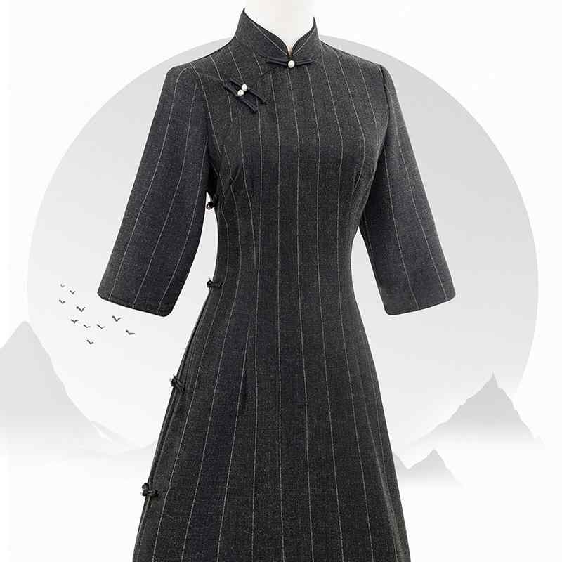 チャイナドレス レディース 新チャイナ風 デイリー 普段使い ストライプ エレガント 上品 改良 若者向け ワンピース ポリエステル ロング丈 スタンドカラー 斜め襟 七分袖 ブラック 秋冬 微ストレッチ