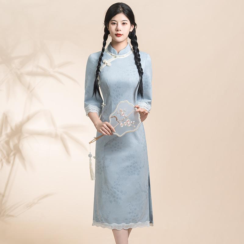 チャイナドレス レディース ブルー 新中国風 改良型 ロング丈 ワンピース ドレス 小柄向け 低身長 若者向け 普段使い デイリー スタンドカラー 7分袖 ニット ポリエステル 伸縮性 スリット入り レトロ エスニック 秋冬