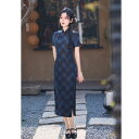 チャイナドレス レディース 女性用 レトロモダン 中国風 ロング丈 チュール チェック柄 ポリエステル スパンデックス スタンドカラー 斜め襟 3分袖 スリット入り 上品 エレガント 春夏
