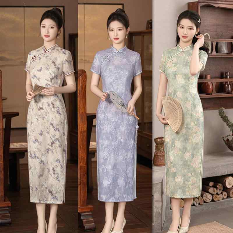 チャイナドレス レディース レトロモダン 春夏 シフォン カットワーク ロング丈 半袖 スリムシルエット スタンドカラー 大きいサイズ 体型カバー エレガント 上品 グリーン(4)