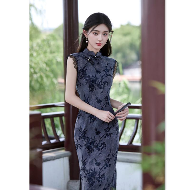 チャイナドレス レディース 絞り染め フロッキー加工 ロング丈 ノースリーブ 改良型 新中式 香港スタイル ポリエステル スパンデックス 伸縮性 ストレッチ スタンドカラー 斜め襟 低スリット レトロ モダン 普段使い デイリーユース 春夏