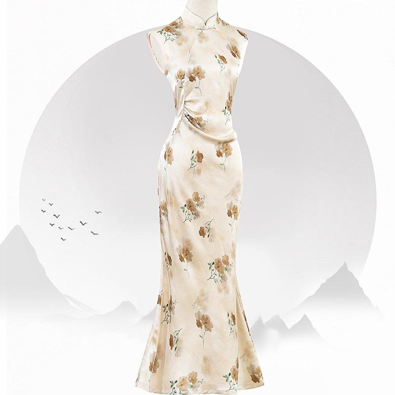 チャイナドレス レディース ネオチャイナ ノースリーブ マーメイド レトロ 普段使い スタンドカラー ロング丈 ポリエステル 伸縮性 ワンピース 春夏 オフホワイト