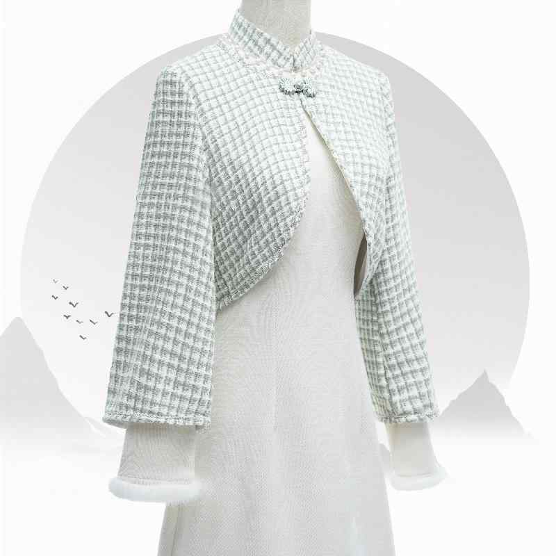 チャイナドレス レディース 秋冬 中国風 改良版 ツーピース ワンピース スタンドカラー 長袖 ミディ丈 シェニール ポリエステル 学院風 爽やか フェミニン エレガント 微ストレッチ 配色 オフホワイト