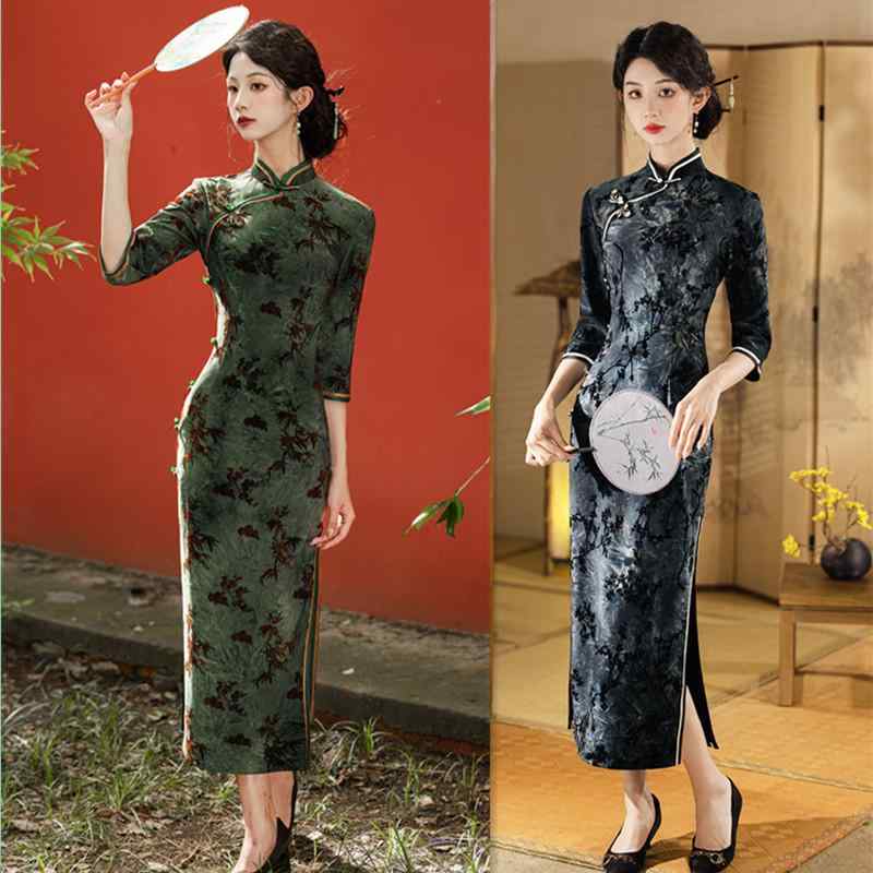 チャイナドレス ミセス レトロ 中国風 マダム エレガント 上品 絞り染め ポリエステル 微ストレッチ スタンドカラー 斜め合わせ スリッ..
