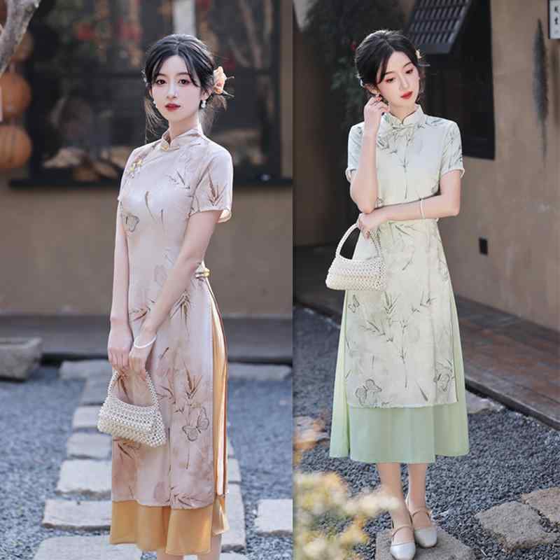 チャイナドレス レディース ロング丈 マキシ丈 エスニック 民族風 改良型 モダン 中華風 ジャカード織り アオザイ 春夏 ポリエステル スパンデックス 立ち襟 斜め襟 3分袖 ハイサイドスリット 微ストレッチ レトロ エレガント