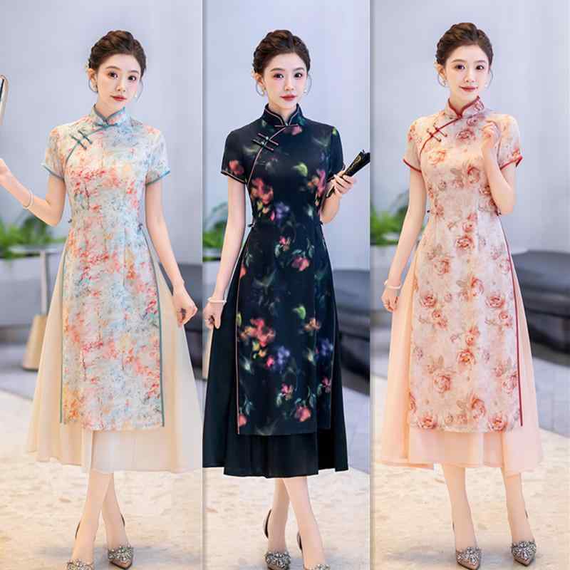 チャイナドレス レディース 中国風 復古調 エスニック アオザイスタイル ロング丈 ゆったり スタンドカラー 半袖 斜め襟 低スリット 微ストレッチ ポリエステル 上品 エレガント 春 普段使い