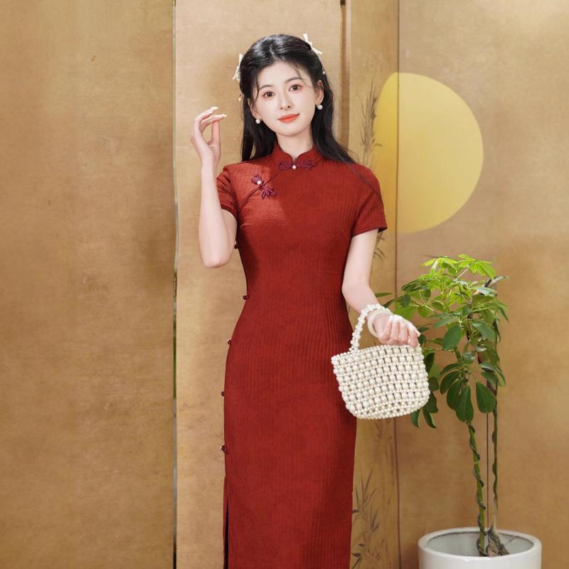 チャイナドレス レディース 新中華風 レトロ 赤 レンガ色 ロング丈 立襟 斜め襟 七分袖 ポリエステル ..