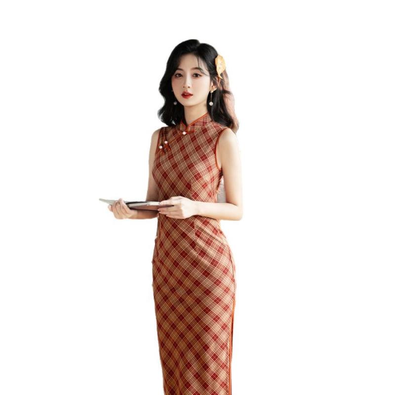 チャイナドレス レディース ロング丈 レッド レンガ色 チェック柄 スタンドカラー ノースリーブ レトロ..